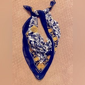 Impressions - Lovely blue/gold/white regal scarf, Size: 34” x 34”